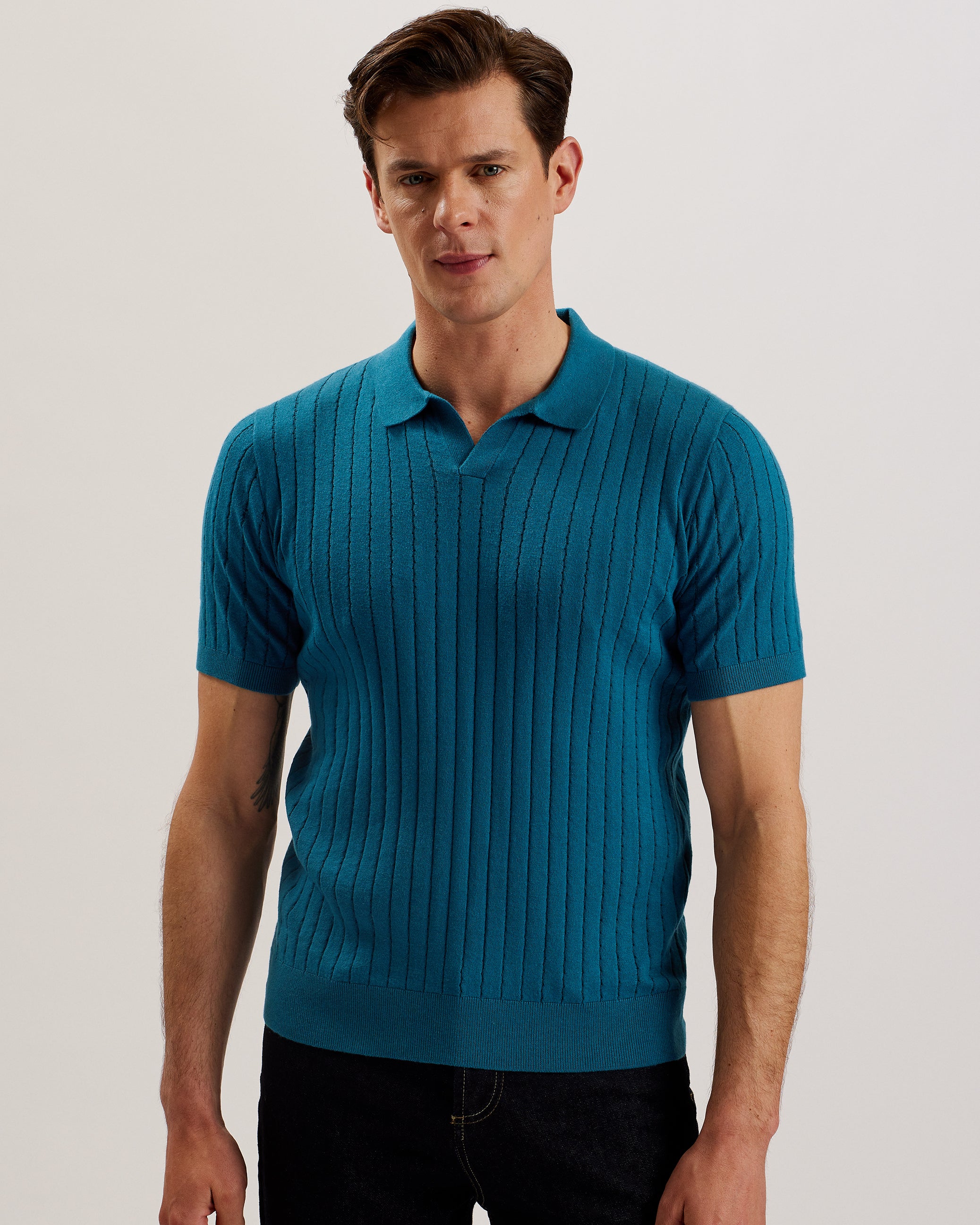 Men's Botany-Ss Regular Open Collar Polo Teal-Blue