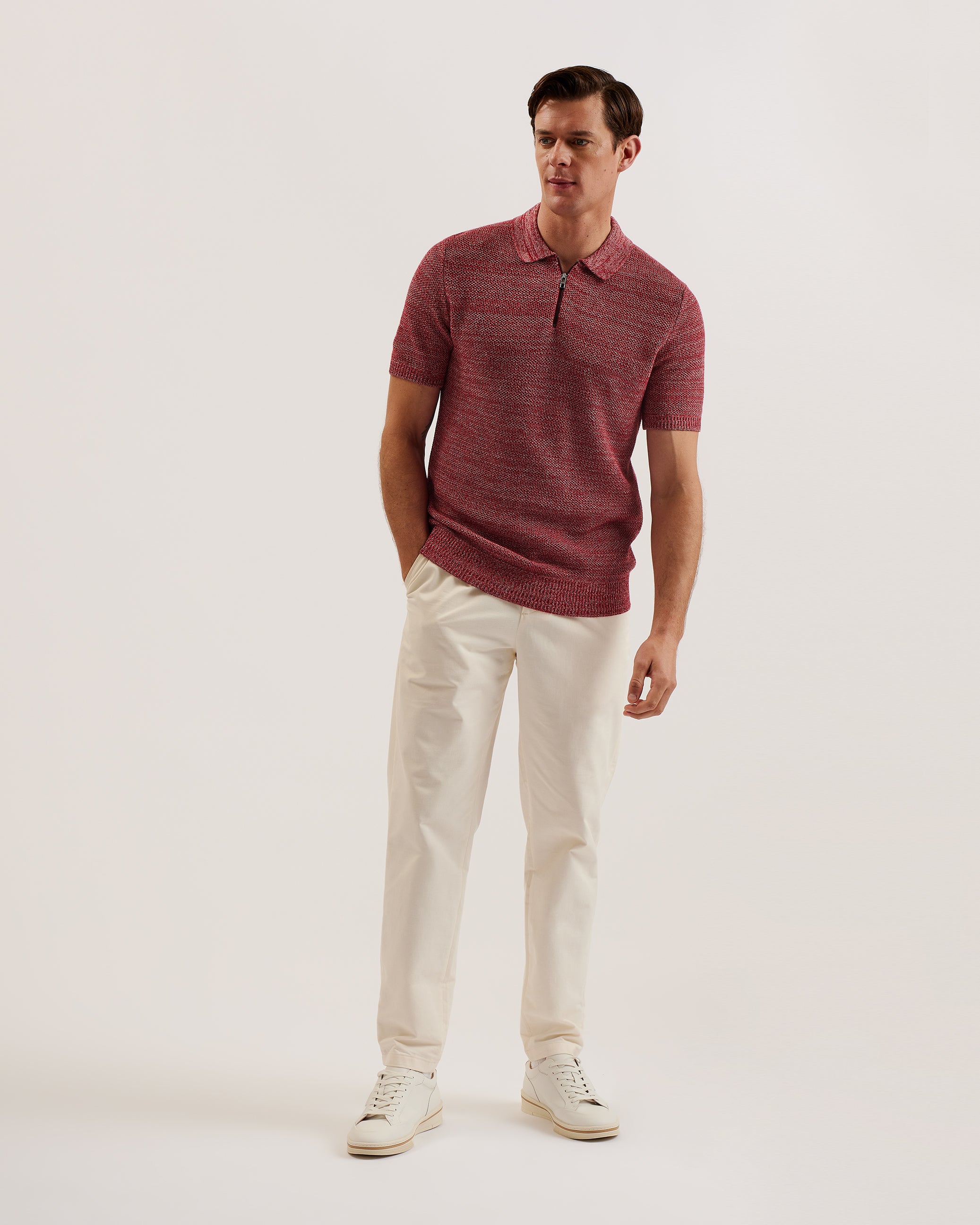 Men's Blossam-Ss Regular Textured Zip Polo Red