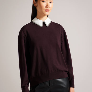 Women's Penniii-Mockable Sweater With Shirt Collar Dk-Brown