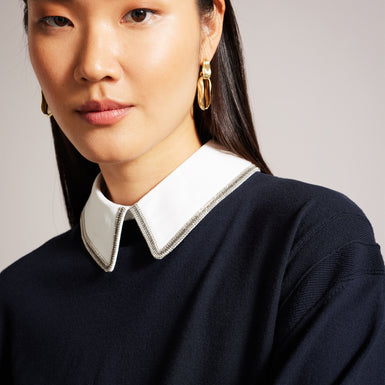 Women's Penniii-Mockable Sweater With Shirt Collar Navy