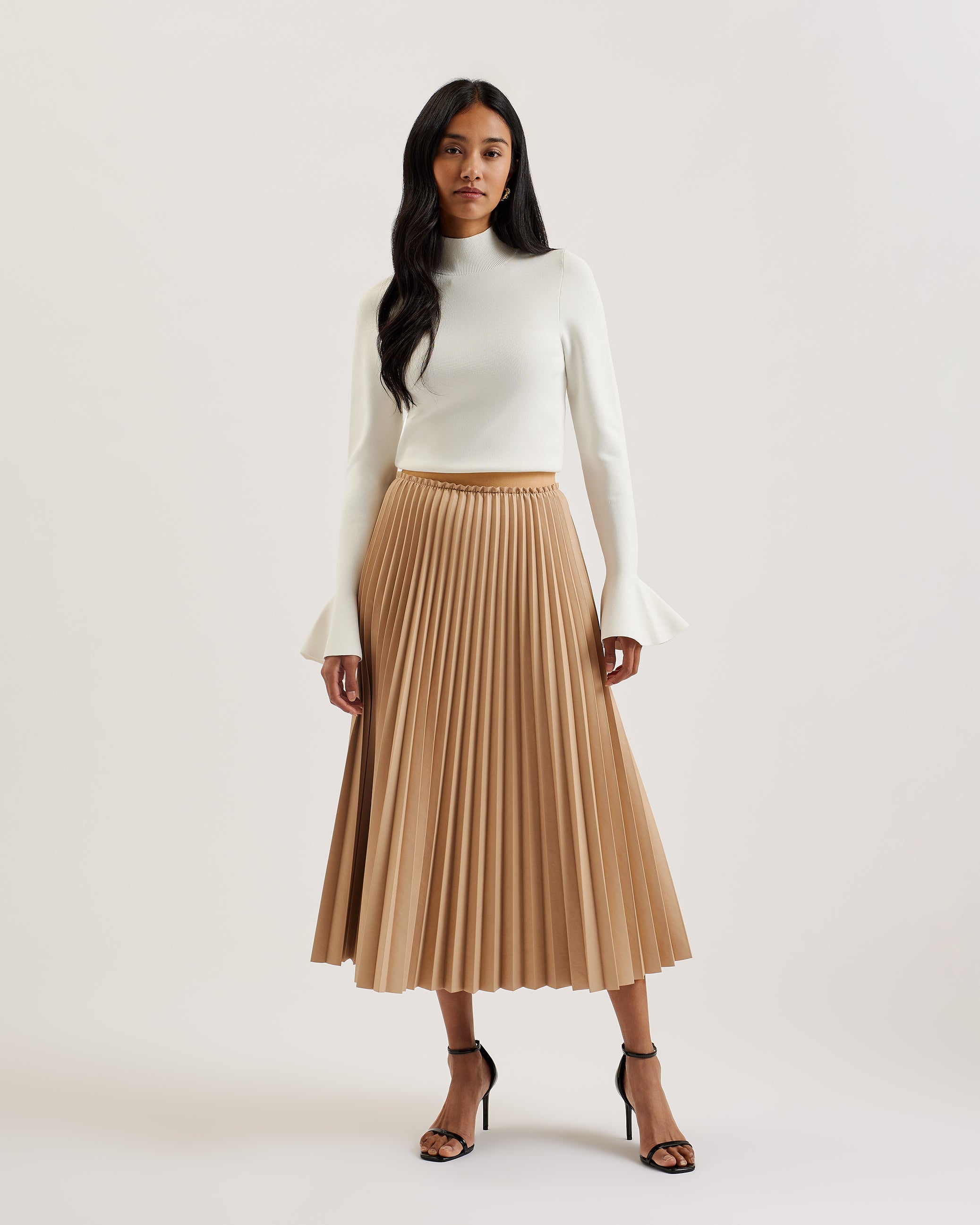 Women's Liydah-Faux Leather Pleated Skirt Camel