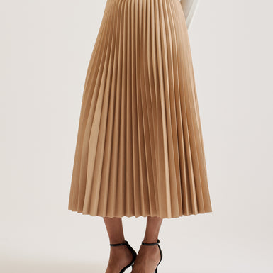 Women's Liydah-Faux Leather Pleated Skirt Camel