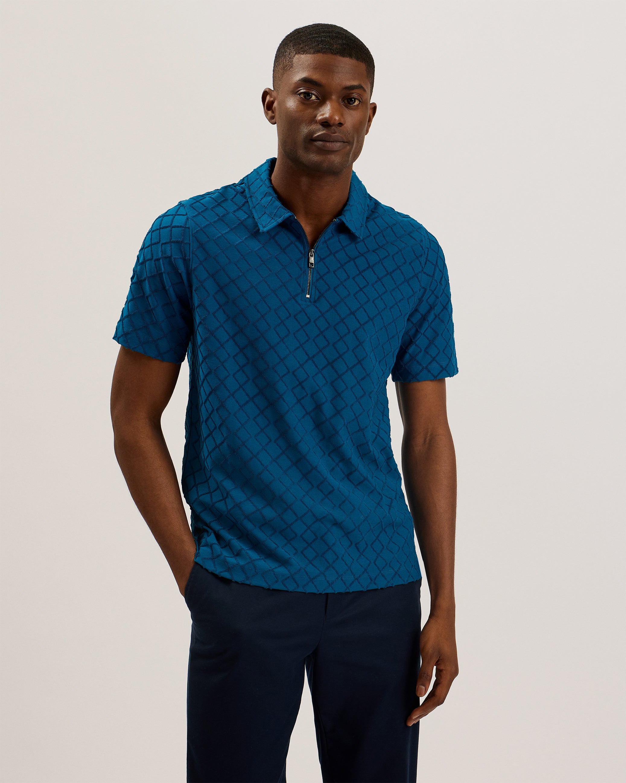 Men's Ansom-Ss Textured Towelling Zip Polo Teal-Blue