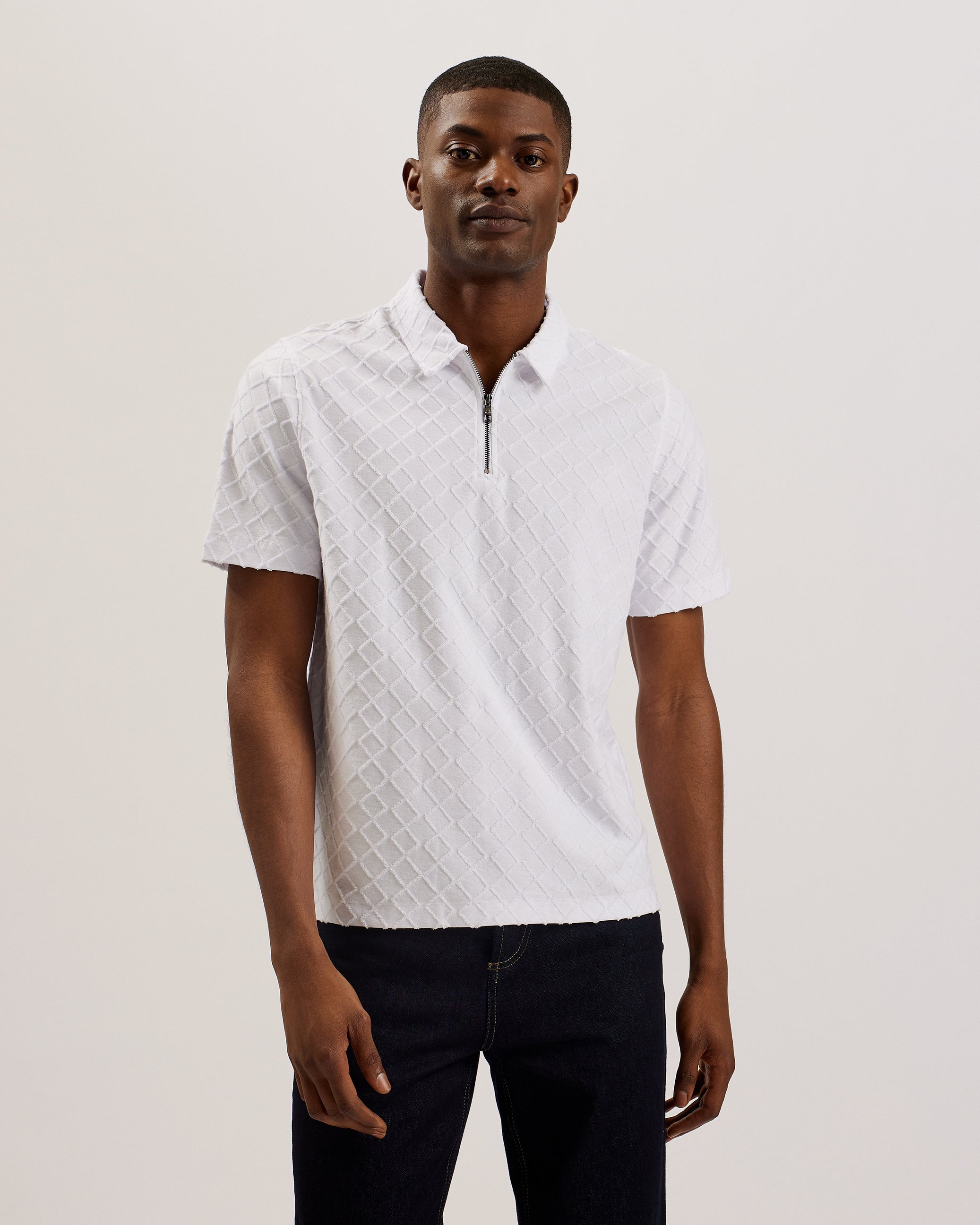 Men's Ansom-Ss Textured Towelling Zip Polo White