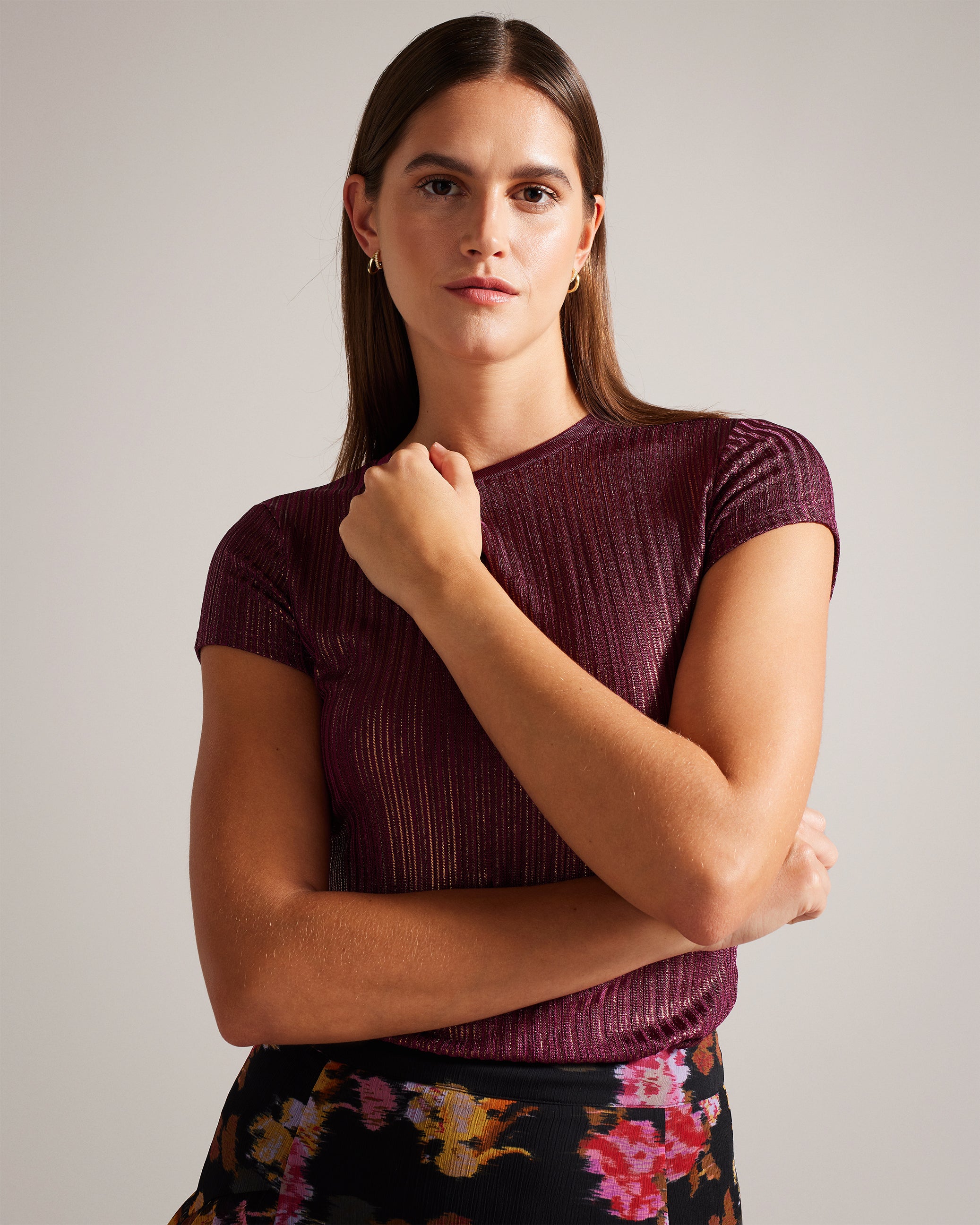 Women's Katrino-Metallic Short Sleeve Crew Neck Tee Dk-Red