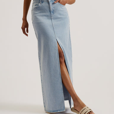 Women's Dorlat-Maxi Denim Skirt Centre Front Slit Lt-Wash