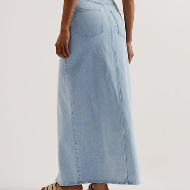 Women's Dorlat-Maxi Denim Skirt Centre Front Slit Lt-Wash