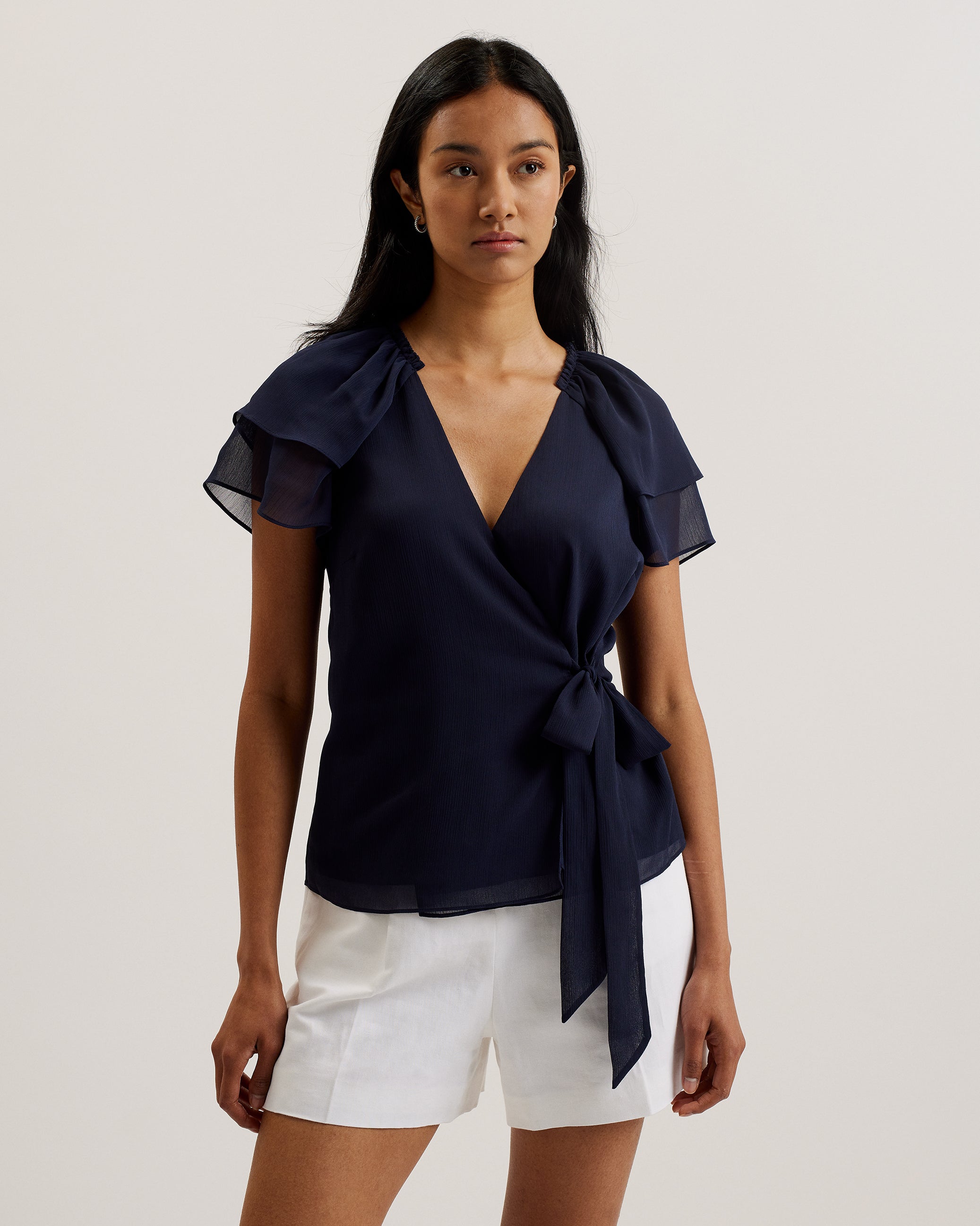 Women's Nobora-Short Sleeve Frill Detail Wrap Top Dk-Blue