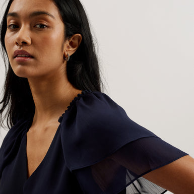 Women's Nobora-Short Sleeve Frill Detail Wrap Top Dk-Blue