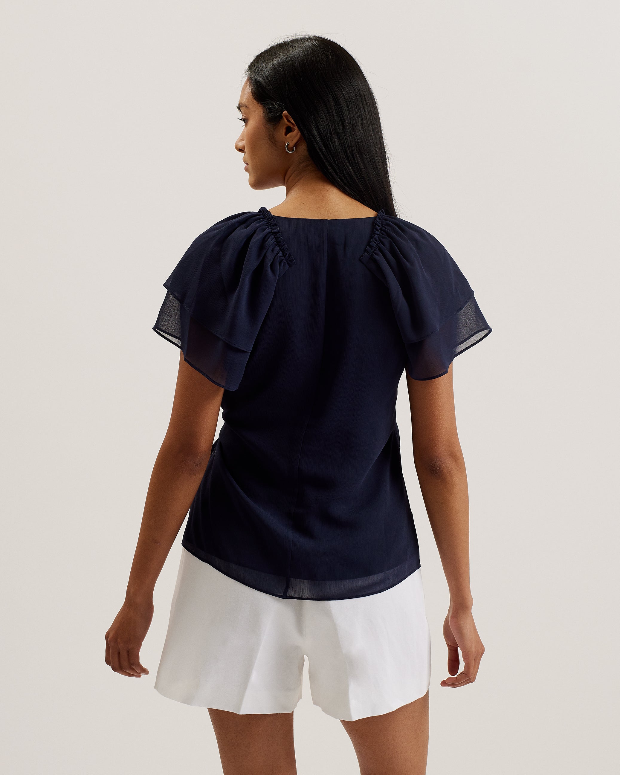 Women's Nobora-Short Sleeve Frill Detail Wrap Top Dk-Blue