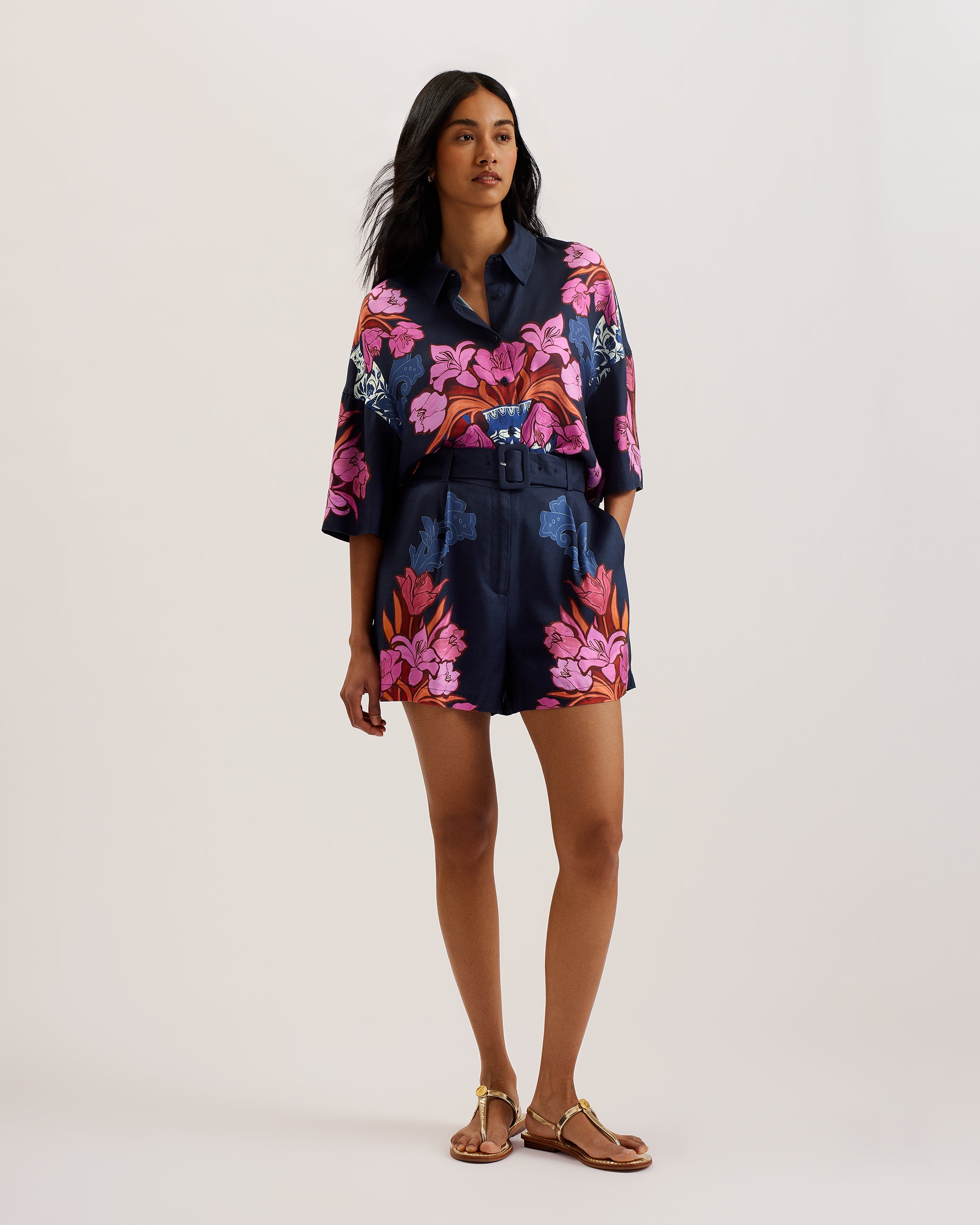 Women's Akaii-SS Printed Boxy Cropped Shirt Navy