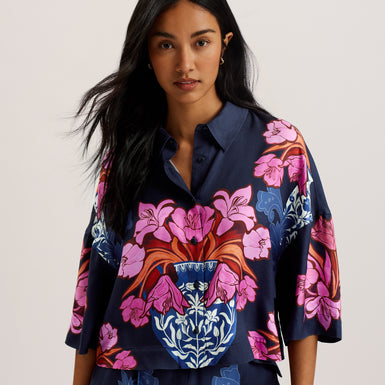 Women's Akaii-SS Printed Boxy Cropped Shirt Navy