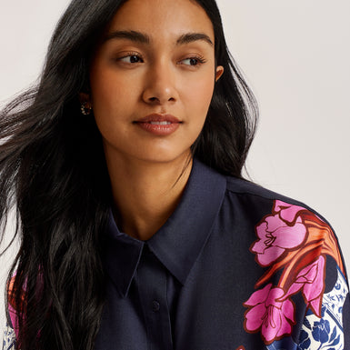 Women's Akaii-SS Printed Boxy Cropped Shirt Navy