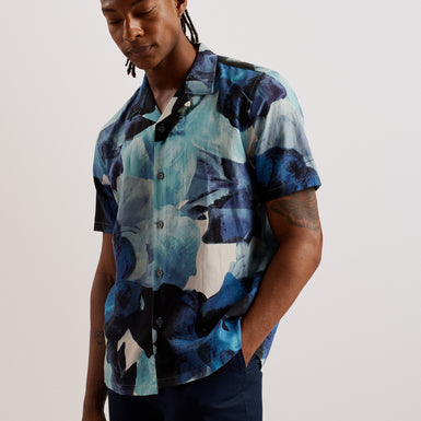 Men's Henris-Ss Relaxed Linen Blend Floral Shirt Blue