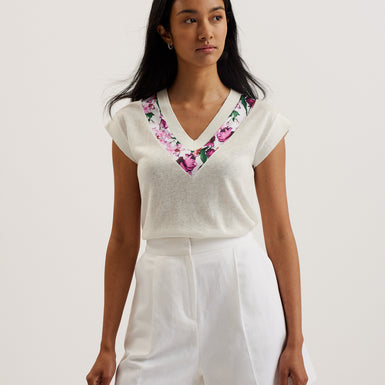 Women's Phyllis-Short Sleeve Woven Trim Knit Top Ivory