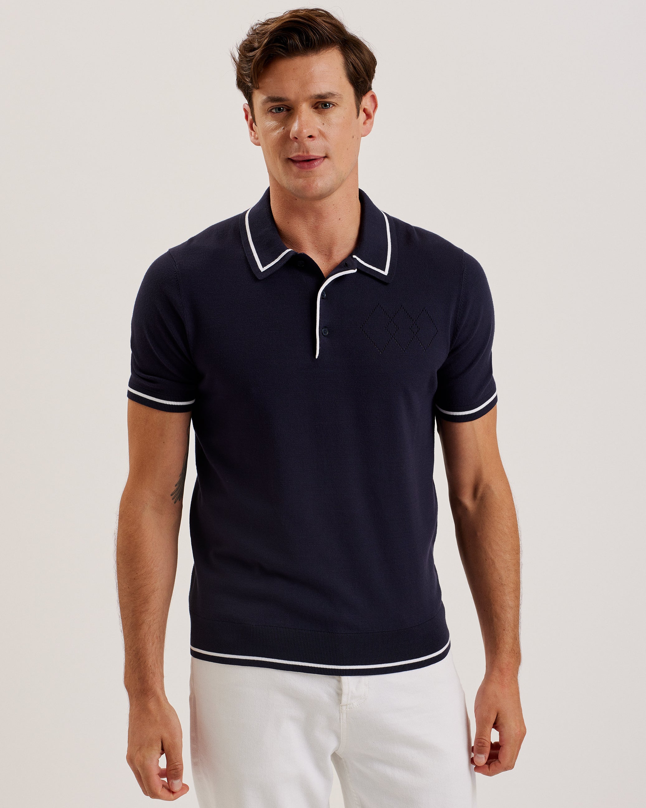Men's Dunow-Ss Pointelle Diamond Polo Navy