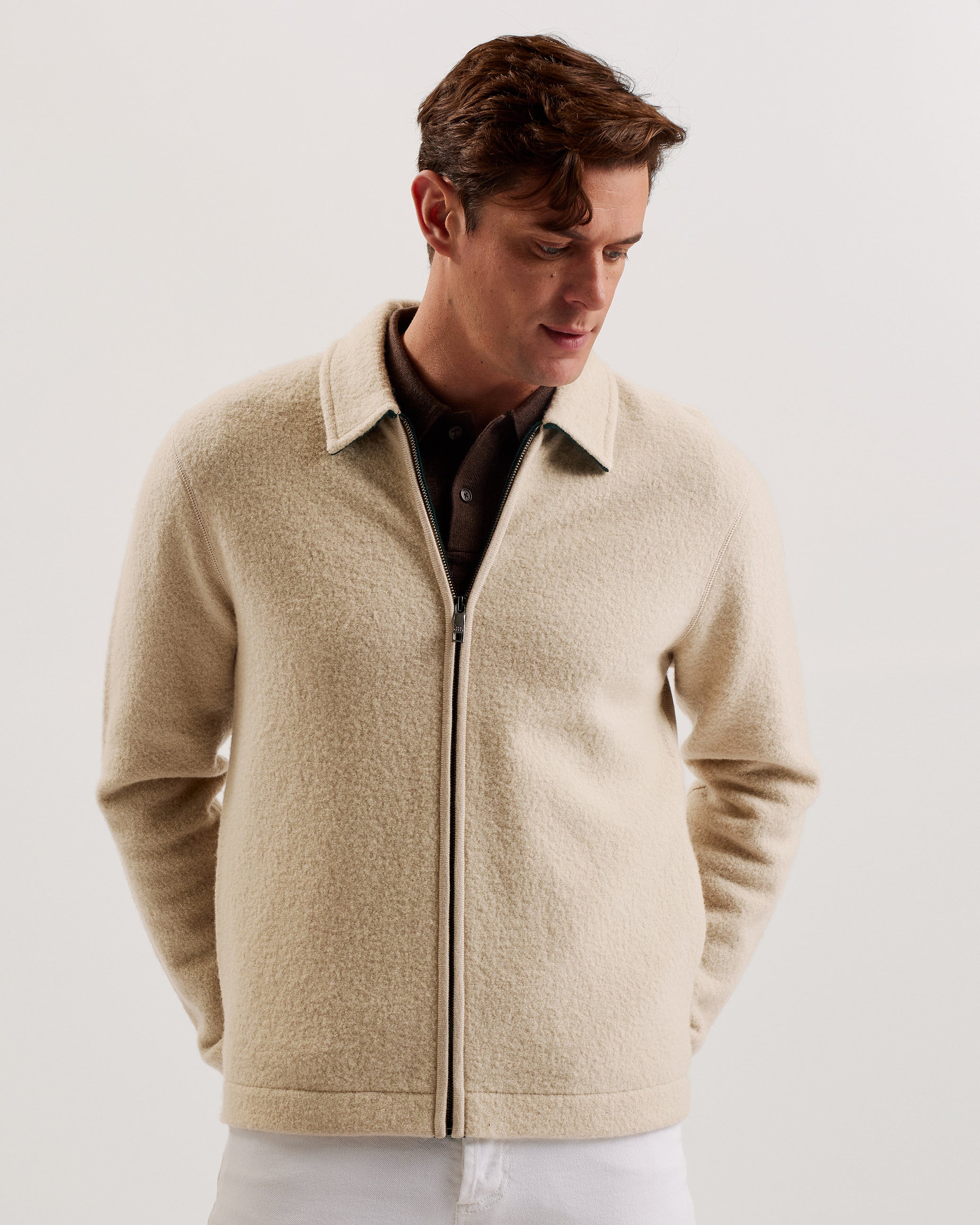 Men's Herling-Ls Boucle Wool Zip Through Taupe