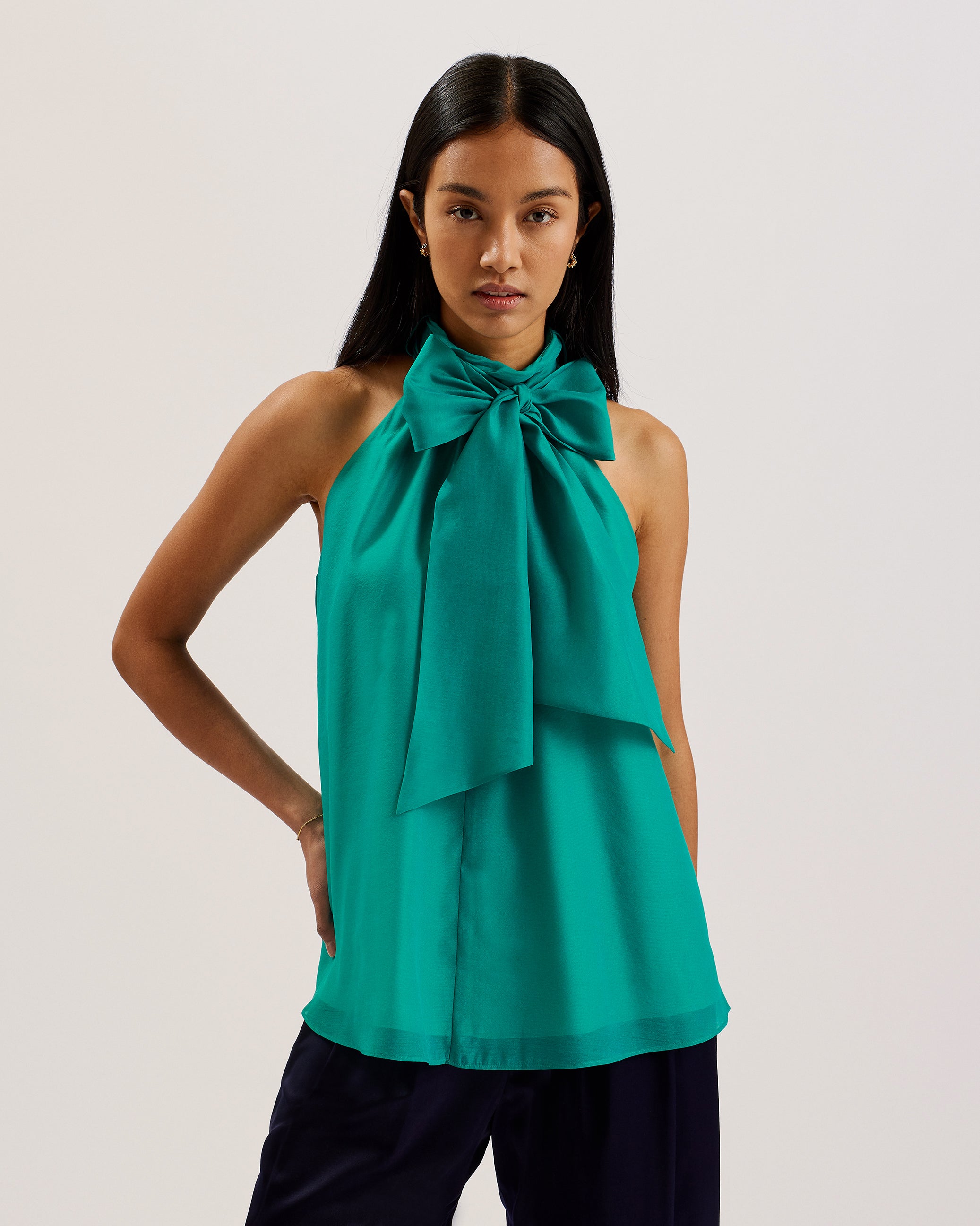 Women's Tejeda-Sheer Draped Top With Neck Tie Detail Brt-Green