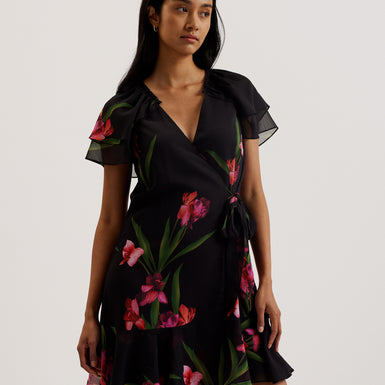 Women's Fasnia-Angel Sleeve Wrap Mini Dress Black