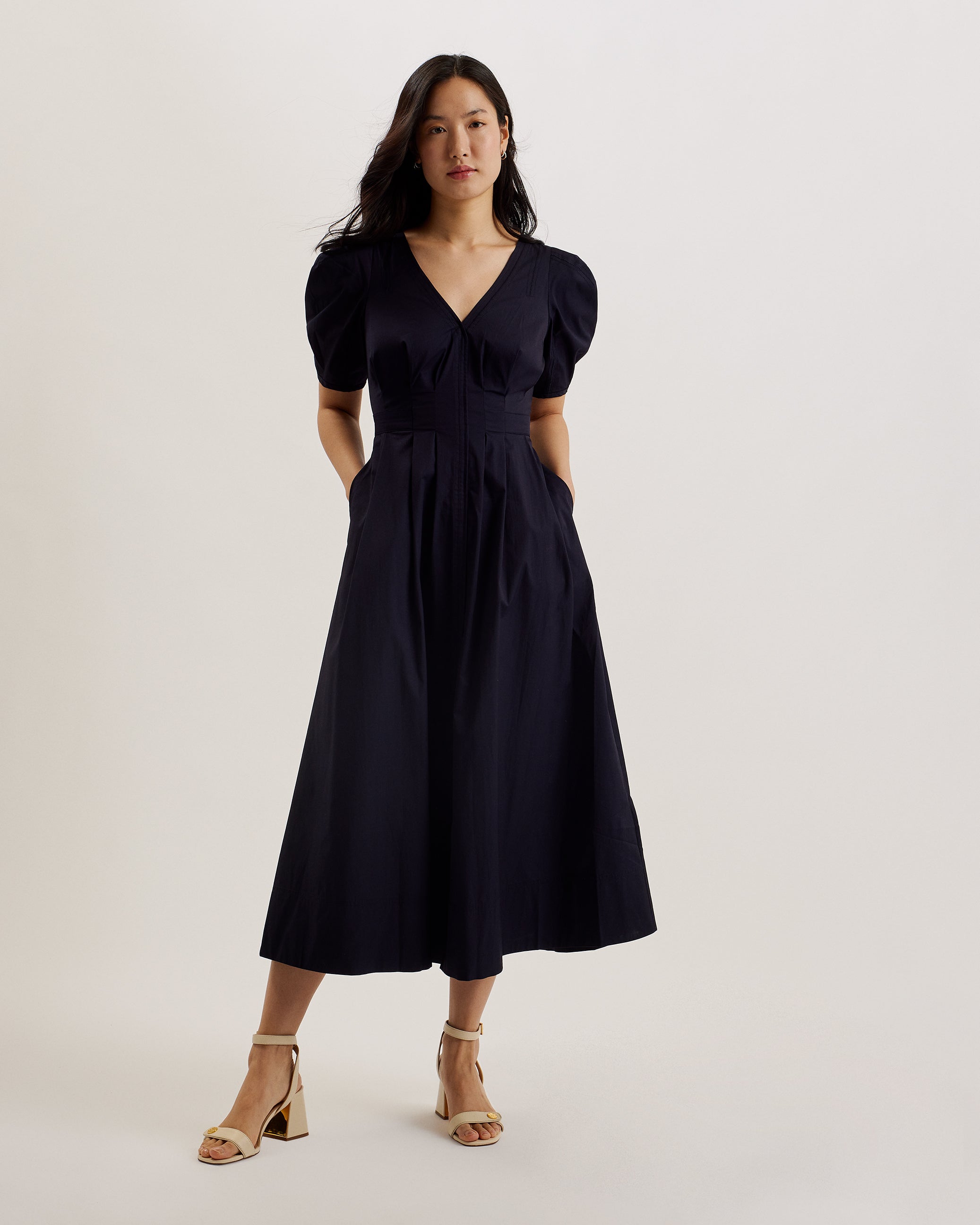 Women's Atenas-Puff Sleeve V Neck Midaxi Dress Navy