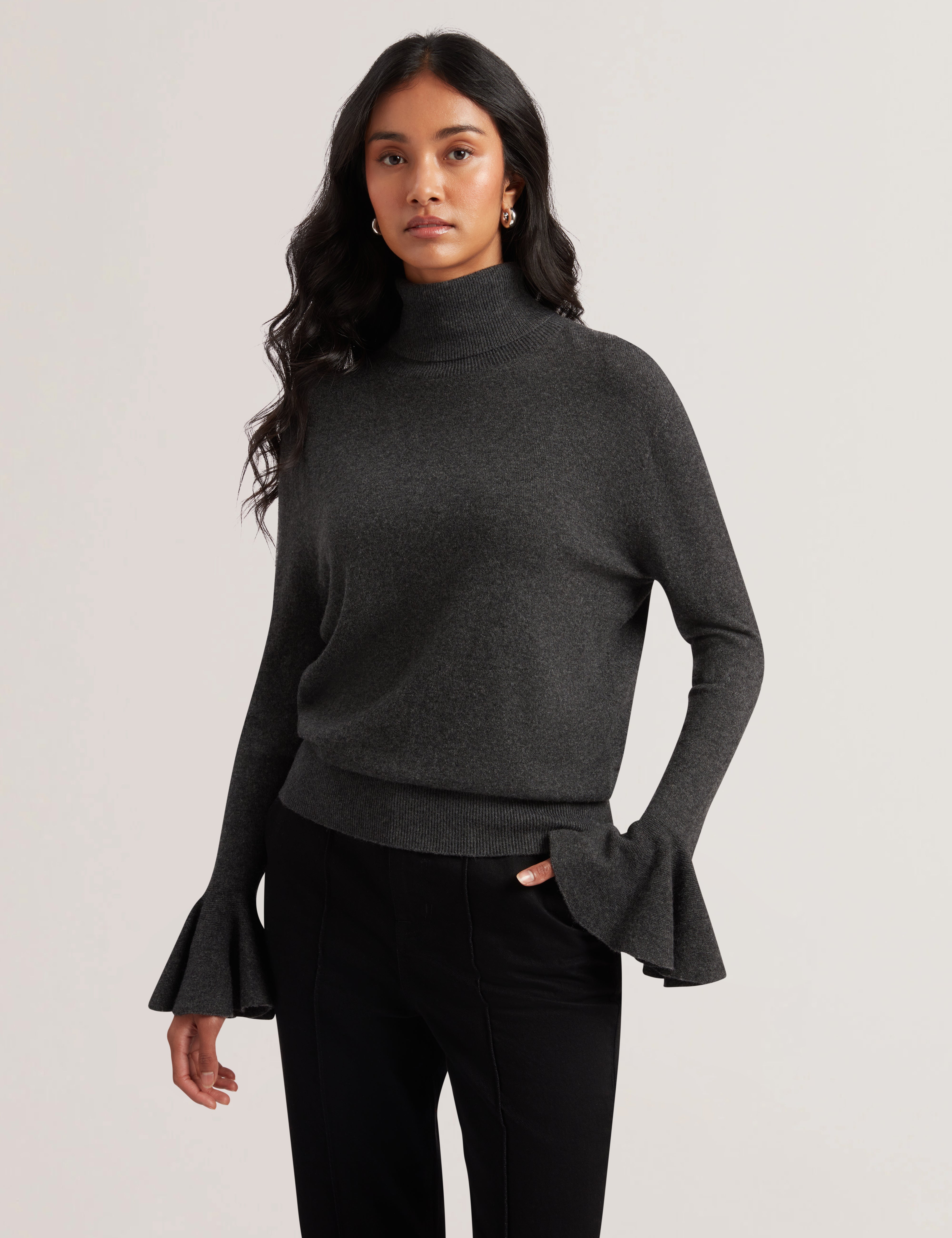 Women's Tamsenn-Roll Neck Fluted Sleeve Sweater Dk-Grey