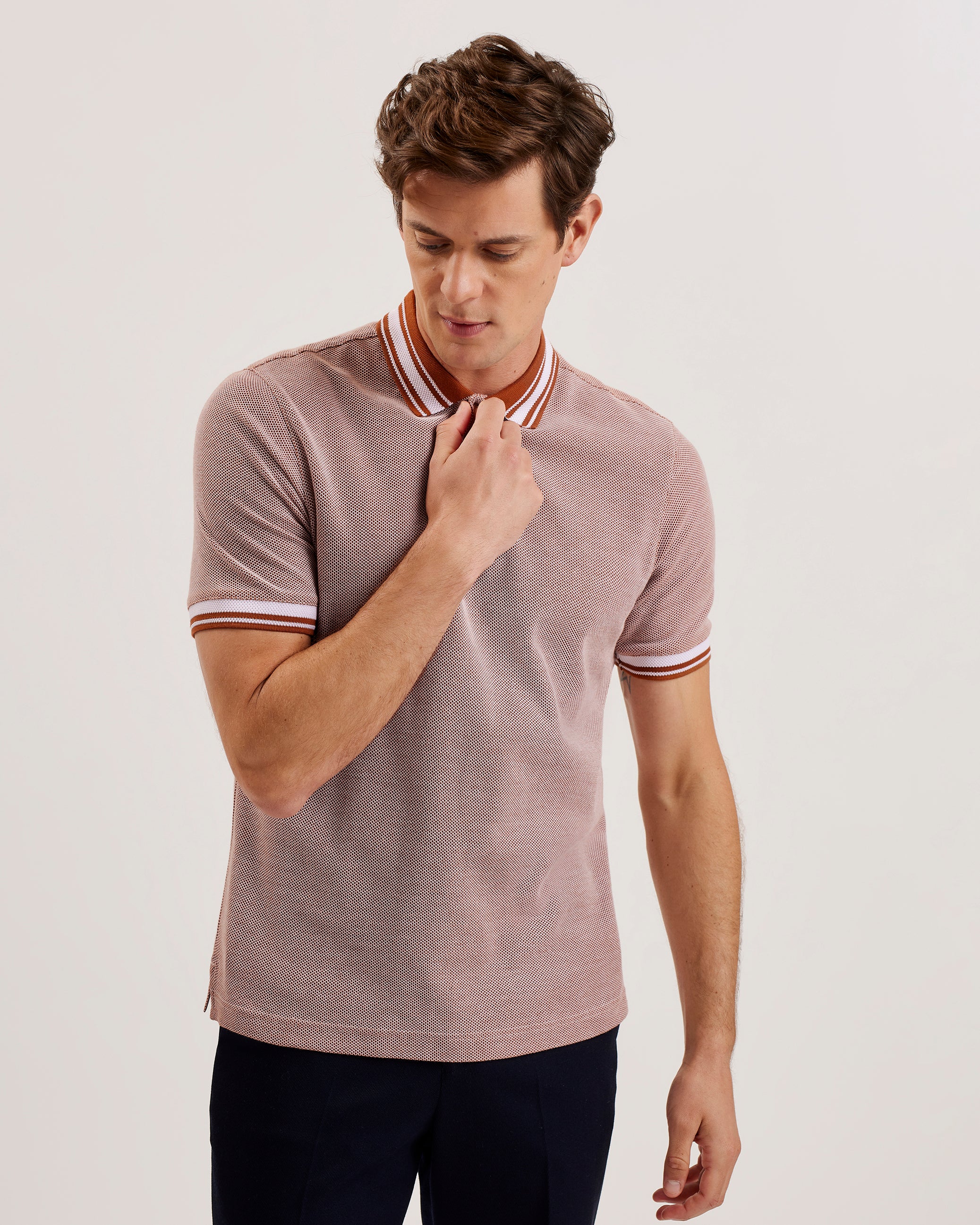 Men's Phenes-Ss Regular Fit Textured Polo Brown