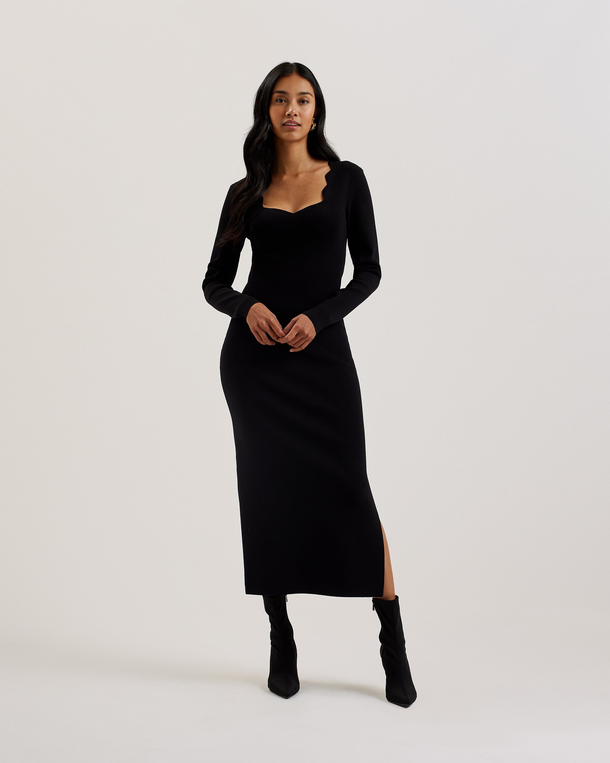 Women's Sharmha-Scallop Bodycon Midi Knit Dress Black