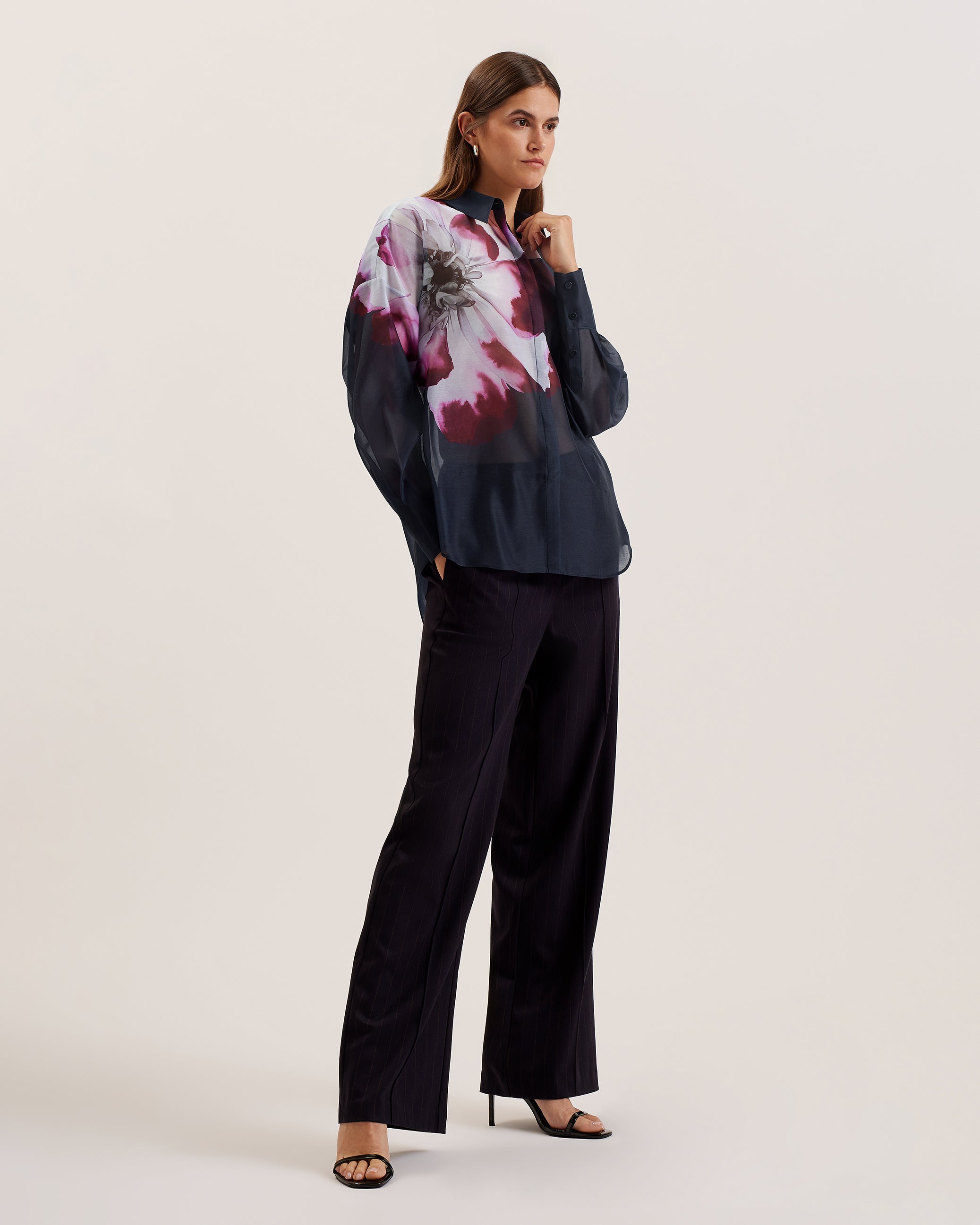 Women's Orrin-Printed Button Down Oversized Shirt Navy