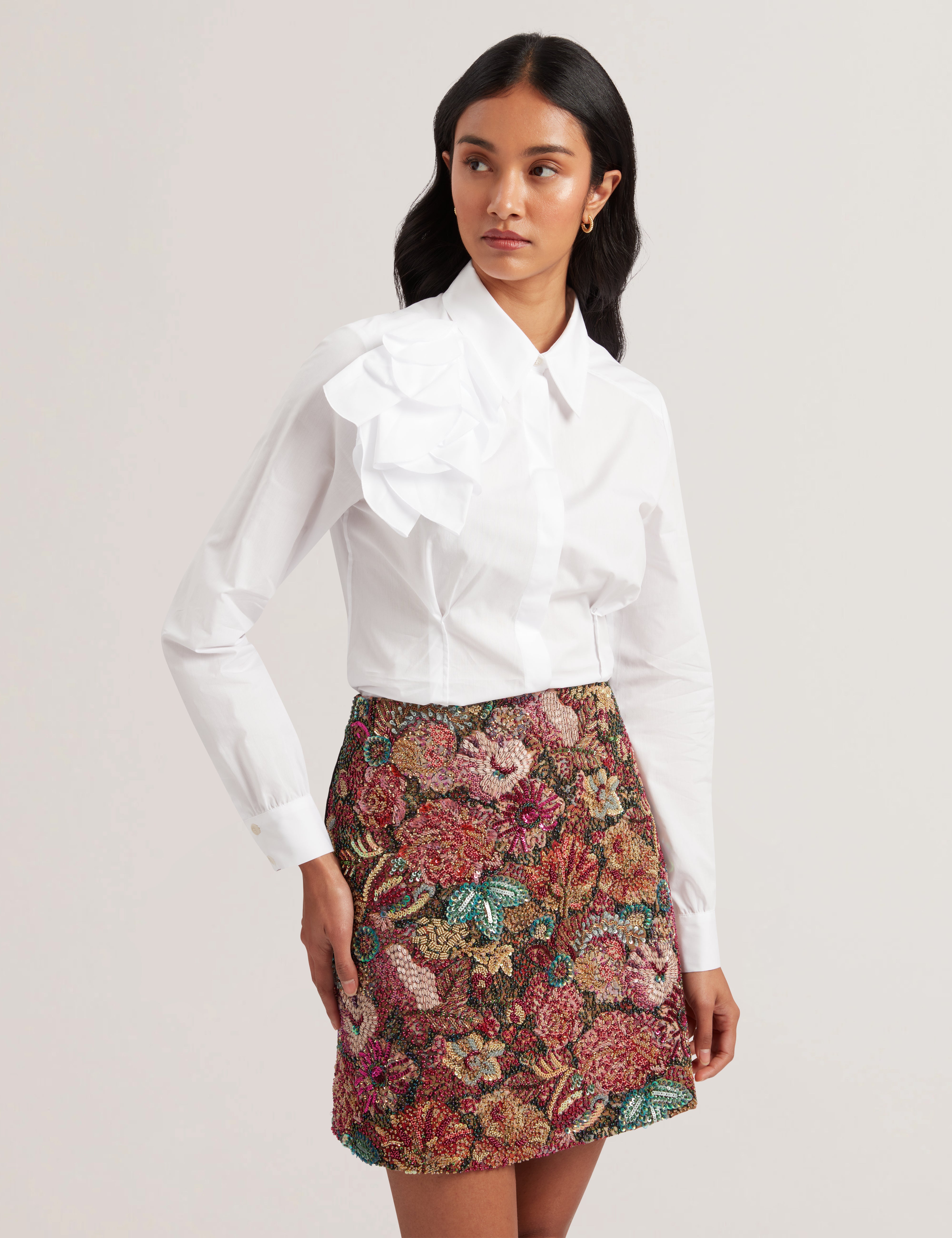 Women's Sylivia-Corsage Detail Button Down Shirt White