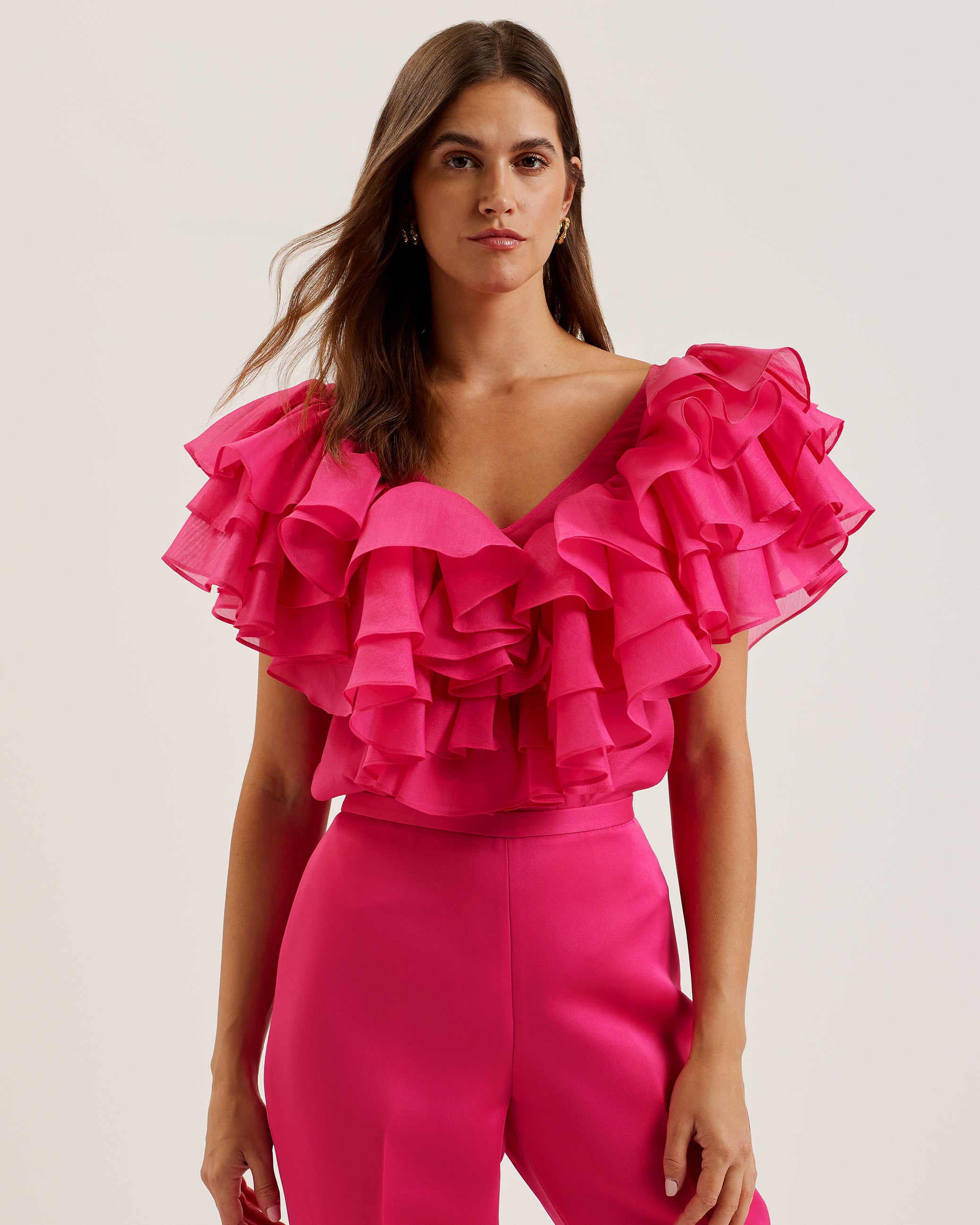 Women's Calonda-Oversized Ruffle V Neck Top Fuchsia