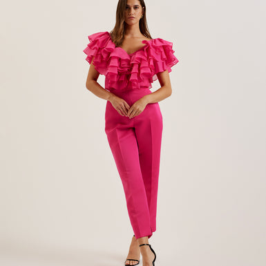 Women's Calonda-Oversized Ruffle V Neck Top Fuchsia