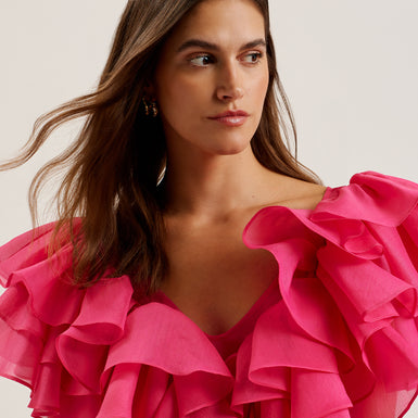 Women's Calonda-Oversized Ruffle V Neck Top Fuchsia