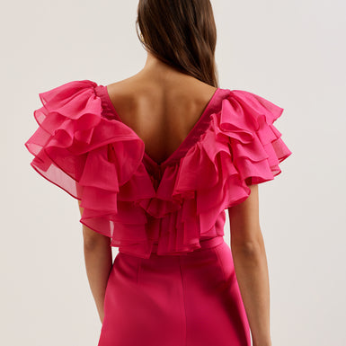 Women's Calonda-Oversized Ruffle V Neck Top Fuchsia