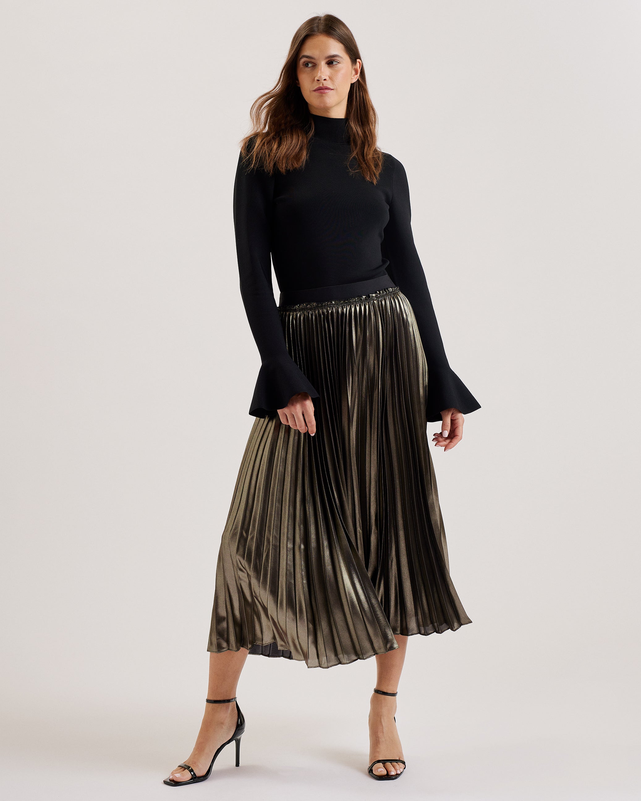 Women's Kese-Metallic Pleated Midi Skirt Gold