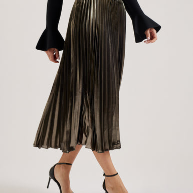 Women's Kese-Metallic Pleated Midi Skirt Gold
