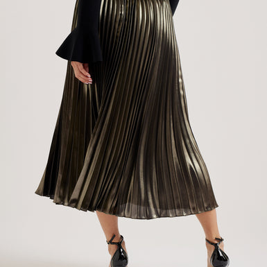 Women's Kese-Metallic Pleated Midi Skirt Gold