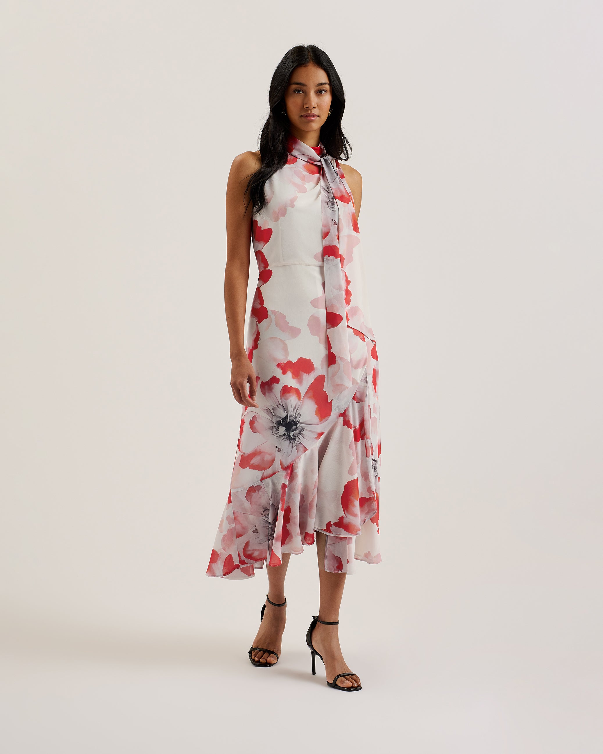 Women's Selino-Tie Neck Printed Midi Dress Ivory