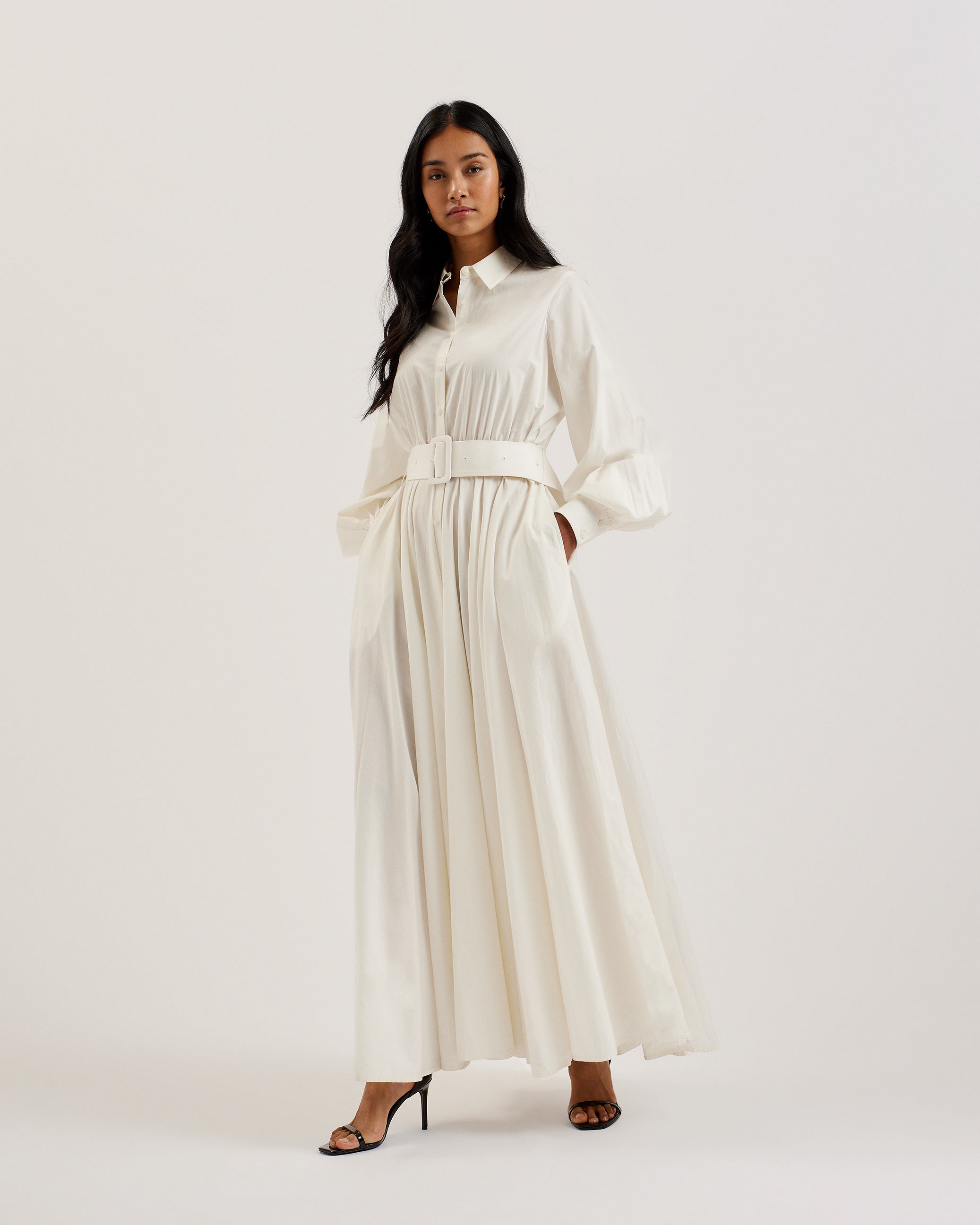 Women's Ene-Button Down Maxi Shirt Dress With Belt White