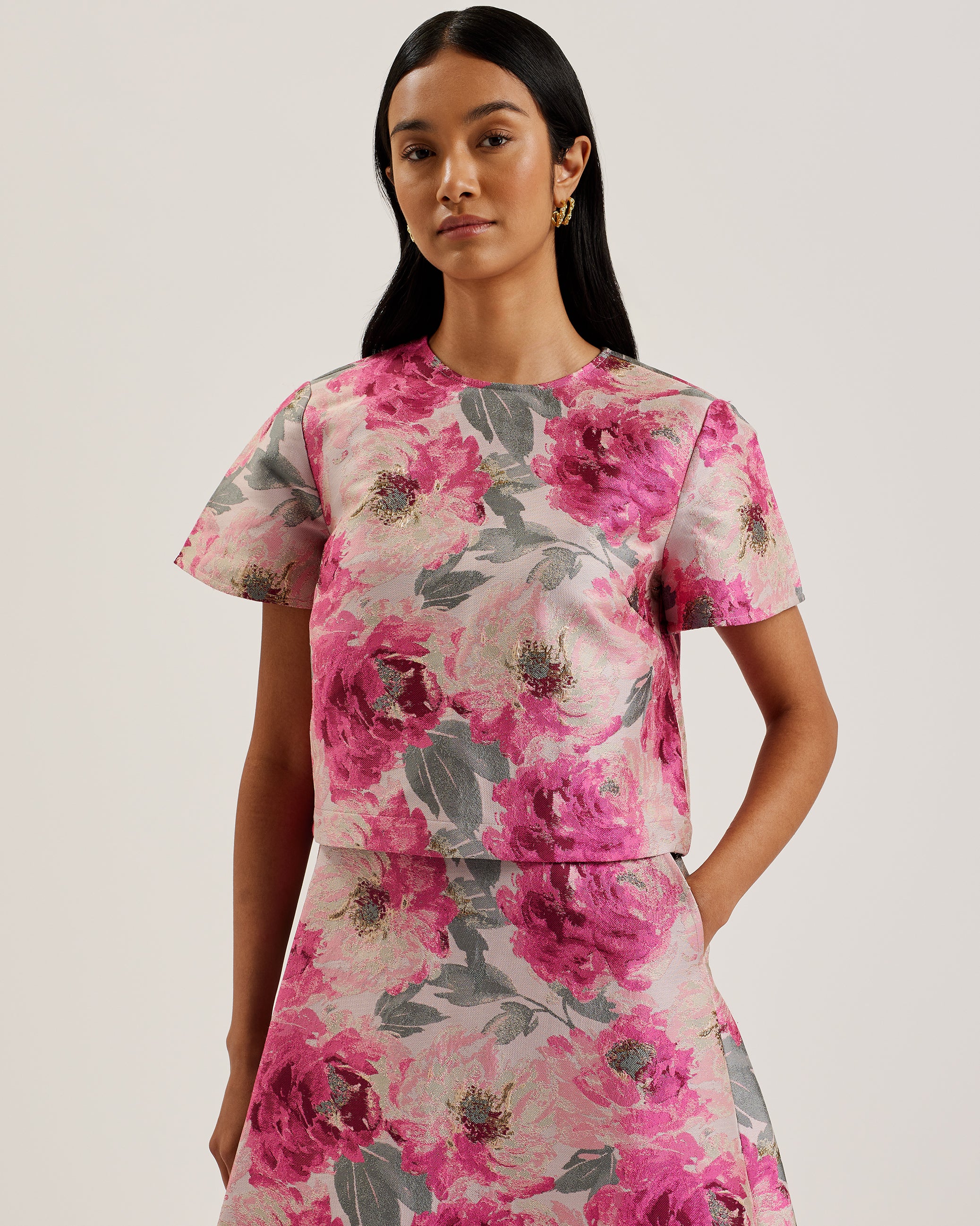 Women's Boani-Jacquard Short Sleeve Cropped Top Ivory