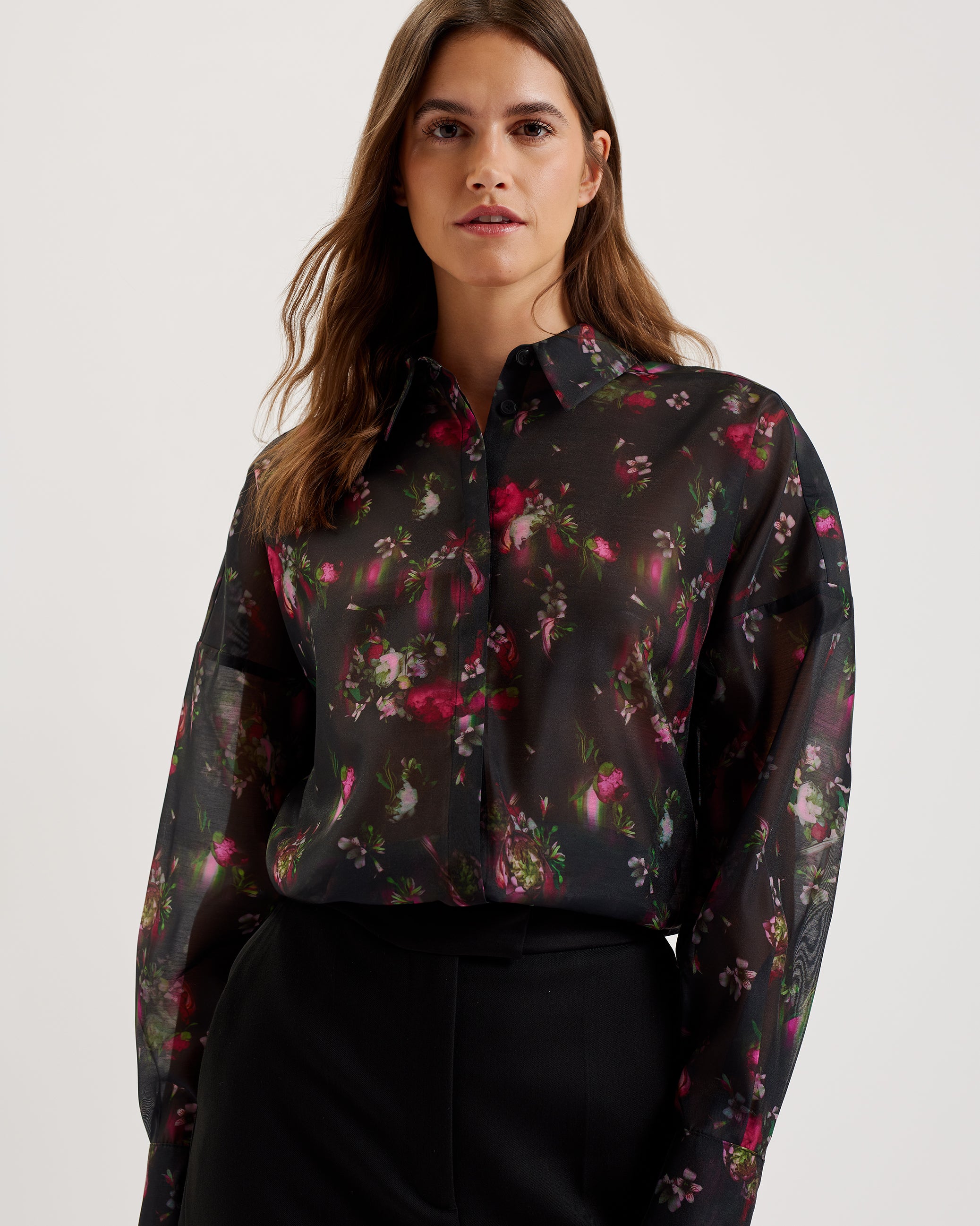 Women's Atuel-Oversized Printed Long Sleeve Shirt Black