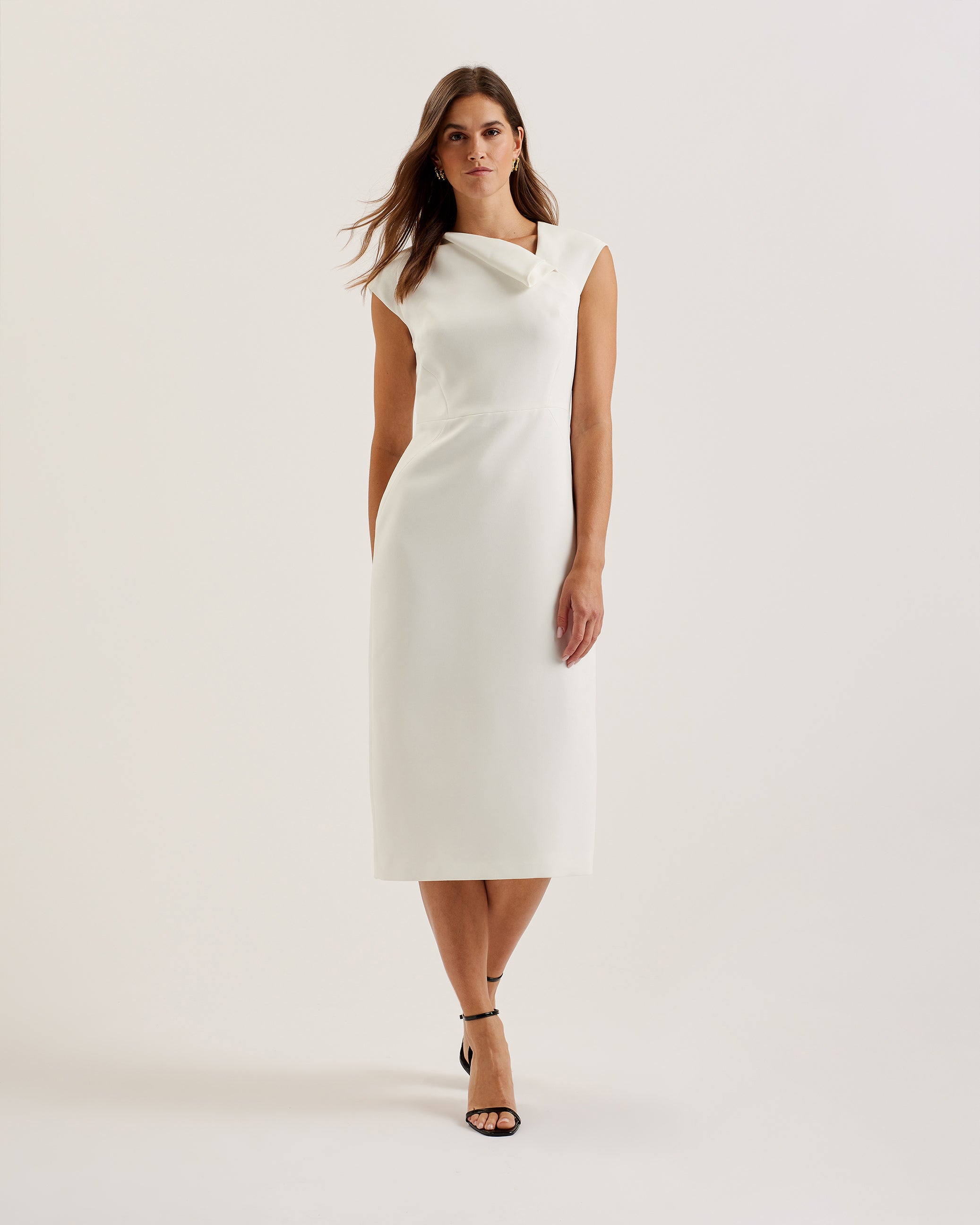 Women's Bayree-Asymmetric Folded Neckline Midi Dress White