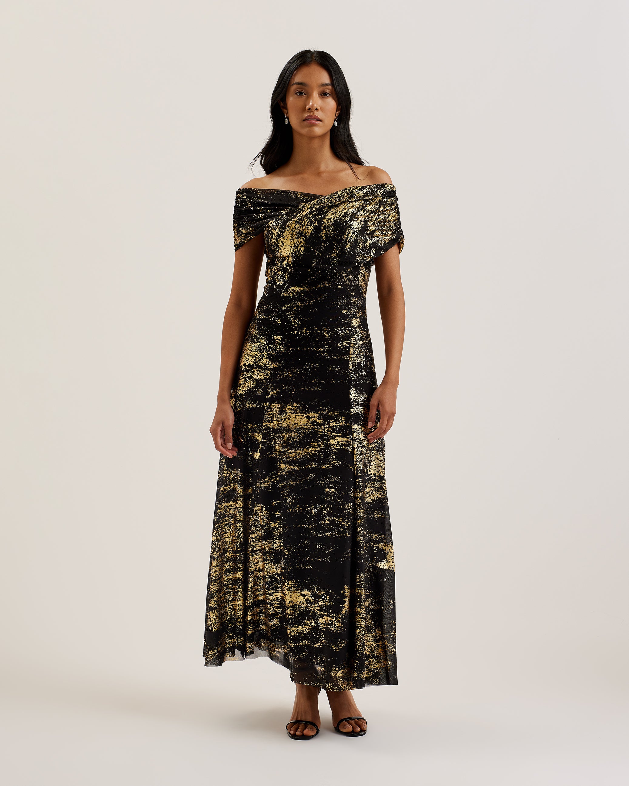 Women's Serinha-Bardot Foil Printed Midi Dress Black