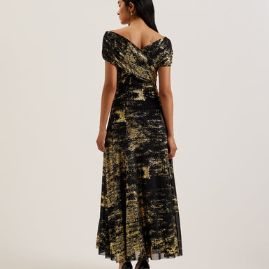 Women's Serinha-Bardot Foil Printed Midi Dress Black