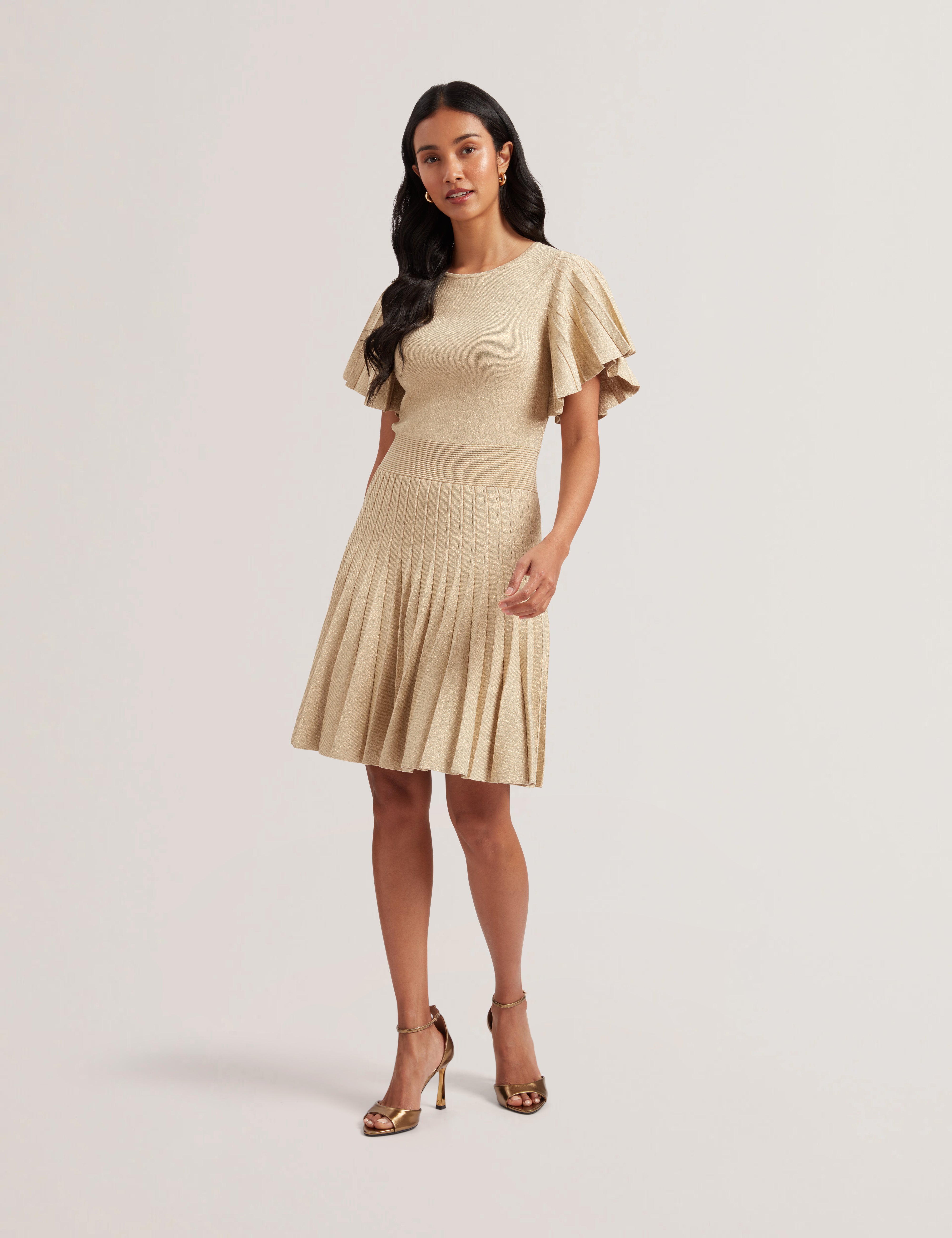 Women's Madisnn-Metallic Angel Slv Knit Skater Dress Gold