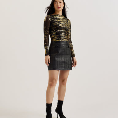 Women's Karenha-Foil Printed Skinny Fit Mesh Top Black