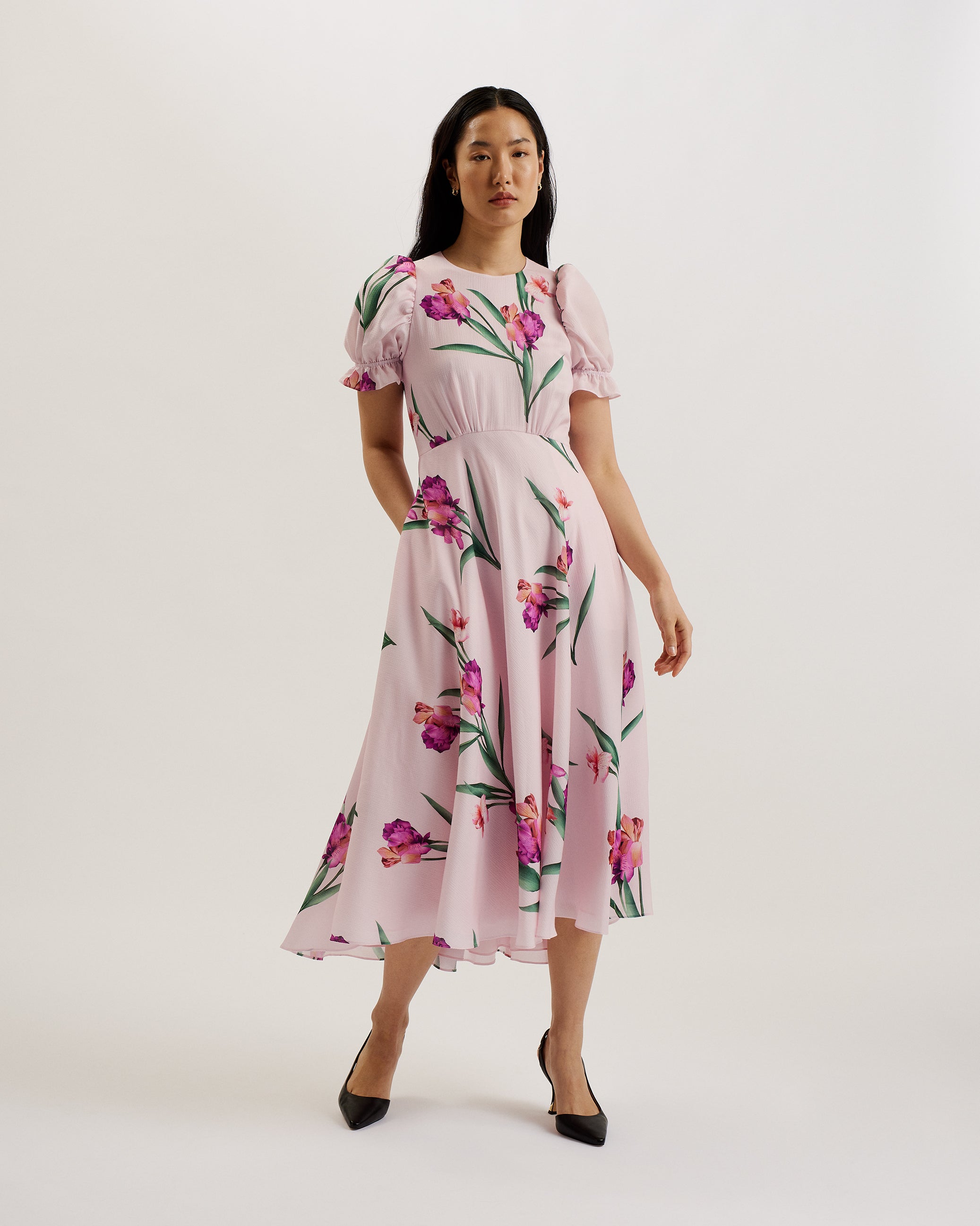 Women's Meriel-Midi Tea Dress With Puff Sleeves Lt-Pink