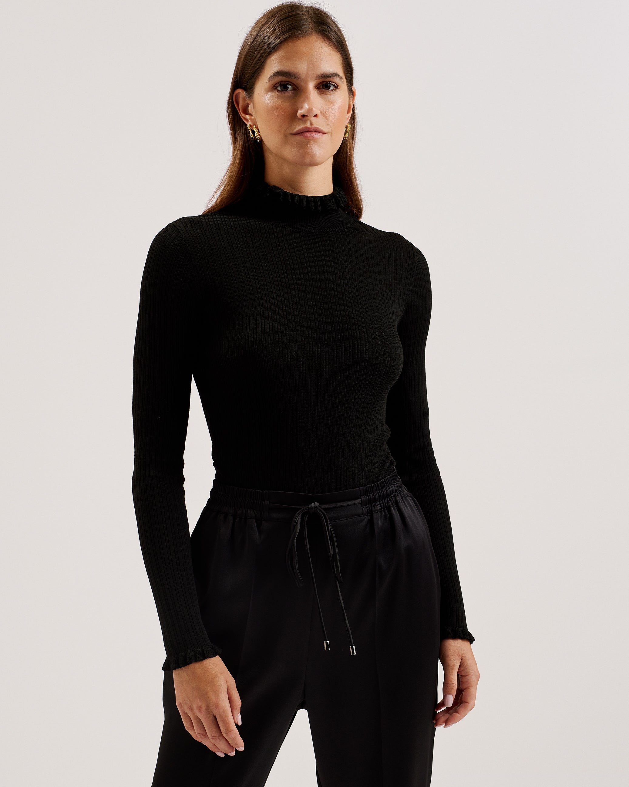 Women's Janittt-Rib Funnel Neck Frill Jumper Black