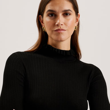 Women's Janittt-Rib Funnel Neck Frill Jumper Black