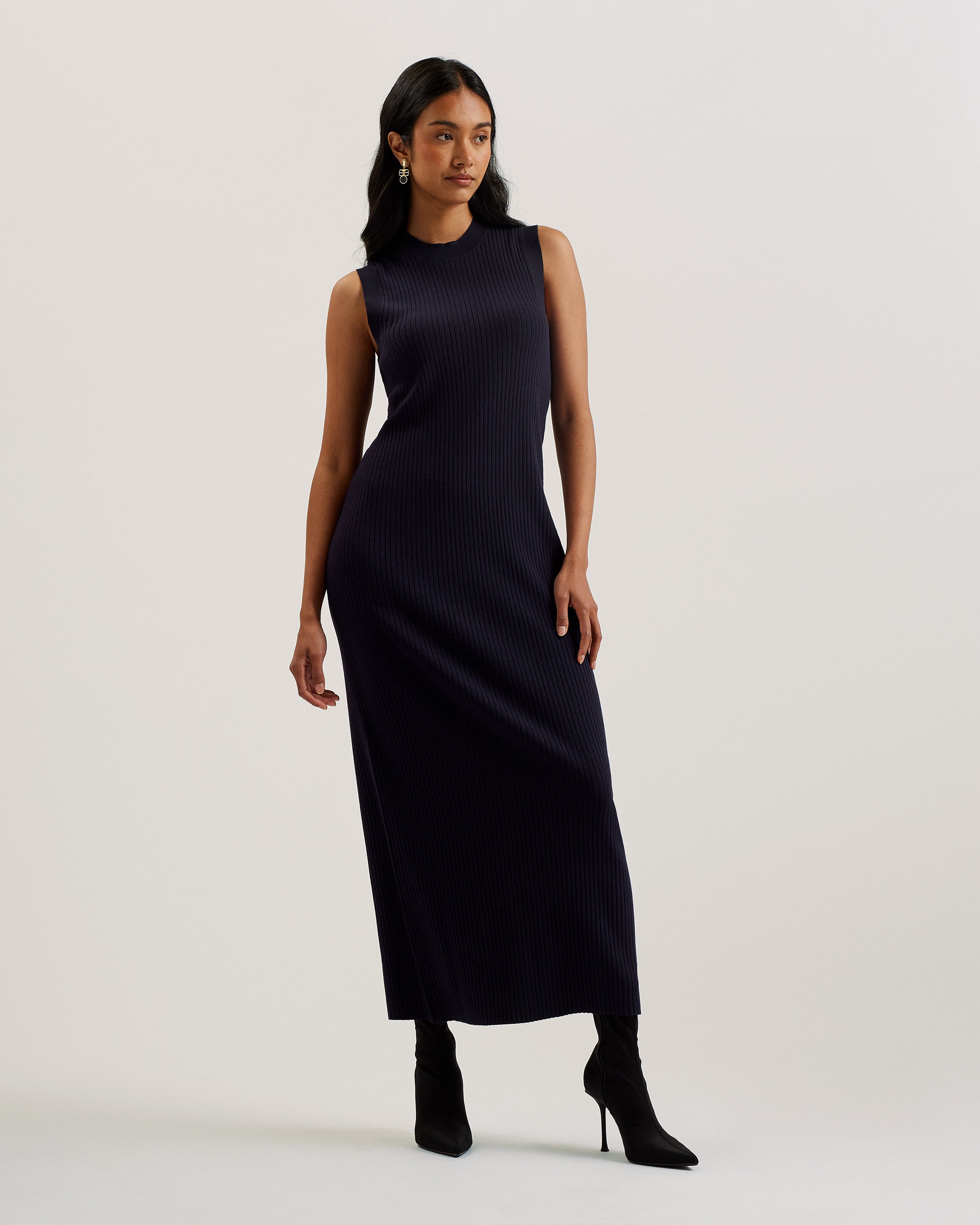 Women's Sandiii-Ribbed Crew Neck Knitted Column Maxi Navy