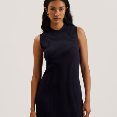 Women's Sandiii-Ribbed Crew Neck Knitted Column Maxi Navy